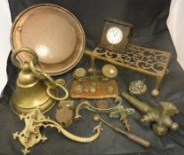 A collection of various horse brasses, a small set of postal scales and weights,