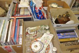 Three boxes of assorted china and glass ware to include Masons Chartreuse coffee cups and saucers,