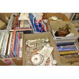 Three boxes of assorted china and glass ware to include Masons Chartreuse coffee cups and saucers,