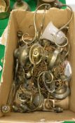 A box containing various brass rise and fall and other twin branch light fittings etc