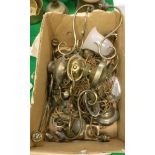 A box containing various brass rise and fall and other twin branch light fittings etc