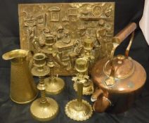 A box of assorted brass and copper ware to include a jardiniere, trivet, coal shovel, copper kettle,