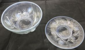 An early 20th Century opalescent glass dessert service comprising bowl and six plates bearing