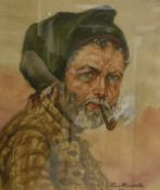 MARINELLO "Man smoking pipe", watercolour, signed and dated 1960 lower right,