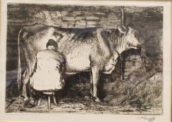 AFTER CHARLES FREDERICK TUNNICLIFFE "Milking the cow", black and white etching,