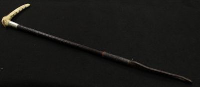 A ladies riding crop with antler handle and plated ferrule stamped "Swaine Made in England",