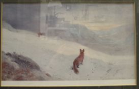 AFTER ARCHIBALD THORBURN "Fox and Stag in snow", coolur print, signed in pencil lower left,