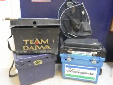 A collection of three fisherman's seat boxes, one with an extension box,