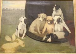 19TH CENTURY NAIVE SCHOOL "Bull terrier pups in a basket", oil on canvas,