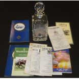 A box of Horse Racing ephemera to include an etched glass decanter featuring horse's head and and