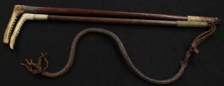 A ladies riding crop with antler handle and plated ferrule, to a plaited leather shaft and thong,