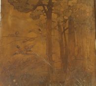 A 20th Century brown leather embossed and painted panel featuring pheasants amongst trees