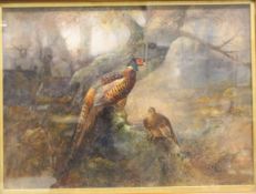 WILLIAM E POWELL "A Sanctuary", a study of two pheasants in a wood, watercolour on fabric,