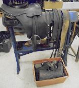 A painted pine free-standing saddle horse, together with various tack, saddle,