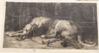 AFTER HERBERT DICKSEE "Irish Wolf Hound resting on a rug in an interior", black and white engraving,
