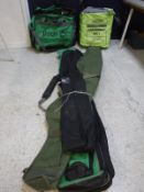 A large collection of assorted fishing tackle, luggage and nets, etc, to include keepnets,