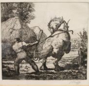 AFTER CHARLES FREDERICK TUNNICLIFFE "Ploughman with horse by haystack", black and white etching,