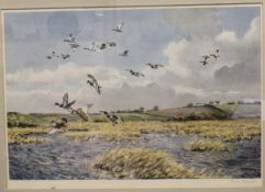 HUGH MONAHAN "Ducks alighting", colour print, signed in pencil lower right,