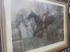 AFTER SIR ALFRED J MUNNINGS "The Huntsman Ned on a brown mare", colour print,