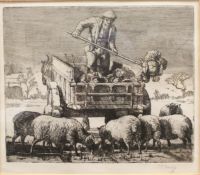 AFTER CHARLES FREDERICK TUNNICLIFFE "Feeding the sheep", black and white etching,