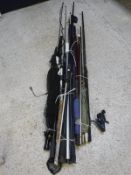 A collection of assorted fishing rods to include examples by Apollo and Dam, etc,