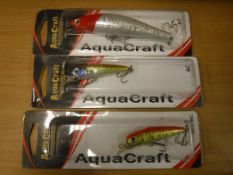 Nine packs containing twelve new and un-used mainly AquaCraft fishing lures CONDITION