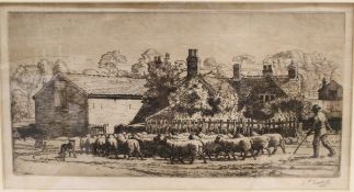 AFTER CHARLES FREDERICK TUNNICLIFFE "Sheep and shepherd returning home", black and white etching,