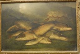 HENRY LEONIDAS ROLFE (1824-1881) "A catch of pike, trout and other fish on the river bank",