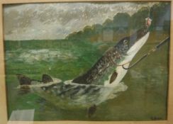 G HAMLIN "Catching a pike", watercolour heightened in white,