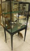 An ebonised framed and glazed five-sided display case with side door,