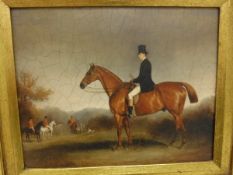 A reproduction 19TH CENTURY ENGLISH SCHOOL of "Gentleman in top hat and tails on horseback with