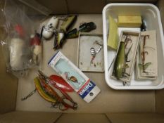 A collection of English fishing lures including two Hardy "Esk Prawn" mounts, in maker's boxes,