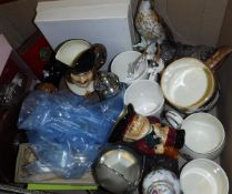A box containing various china including a Goebel figure of a Song Thrush and another of a Robin,