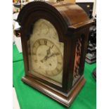 A circa 1900 mahogany and inlaid cased mantle clock, the French 8-day movement with silvered dial