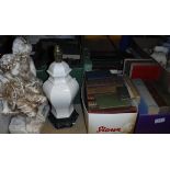 Five small boxes of various books, three boxes of various china wares, pair of binoculars,