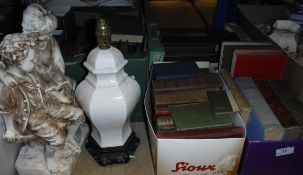 Five small boxes of various books, three boxes of various china wares, pair of binoculars,