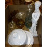 A box of various moulded glassware and linen, a Mason's "Mandalay" pattern hydra jug x 2, Spode