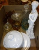 A box of various moulded glassware and linen, a Mason's "Mandalay" pattern hydra jug x 2, Spode