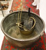 A Victorian copper cauldron, together with coal helmet, various fire tools, coal shovel and copper