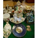 A collection of various china wares to include Staffordshire style clock group, Staffordshire