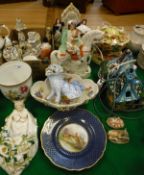 A collection of various china wares to include Staffordshire style clock group, Staffordshire