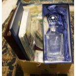 A box of Horse Racing ephemera to include an etched glass decanter featuring horse's head and and