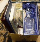 A box of Horse Racing ephemera to include an etched glass decanter featuring horse's head and and