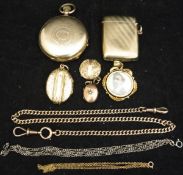 A collection of 9 carat and other gold items to include a vesta case, lockets, watch chain,