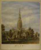 AFTER OWEN B CARTER "Salisbury Cathedral", colour lithograph by Vincent Brooks, together with