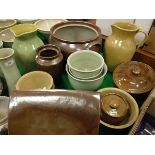 A collection of English stoneware pottery to include a salt-glazed foot warmer, crock, two jugs,