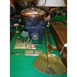 A Victorian copper kettle, brass lyre shaped trivet with wooden handle, 18th Century brass