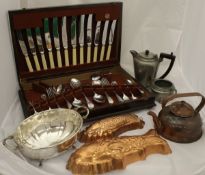 Three boxes of assorted metal wares to include pewter tea set, various copper jelly moulds, brass