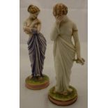 A pair of Royal Worcester figurines as Classically robed maidens with birds "Love" and "Sorrow"