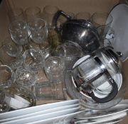 Three boxes of various china and glass ware, prints, cutlery, etc